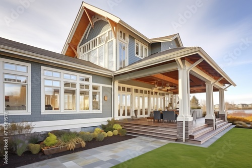 contemporary shingle style house with fulllength windows, sea photo