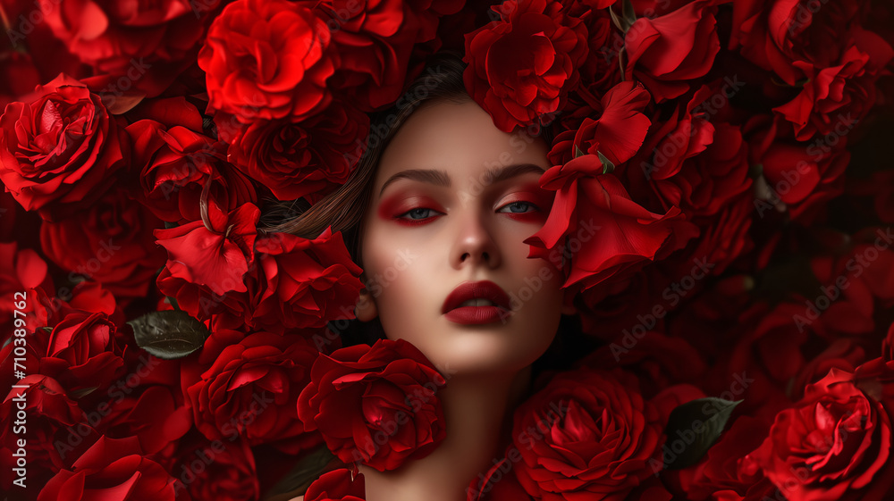 A beautiful woman in a full of red roses. Surreal fashion A beautiful woman in a full of red roses. Surreal fashion