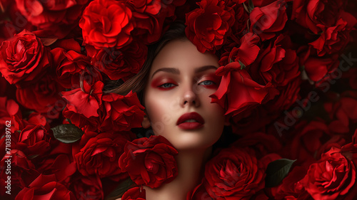 A beautiful woman in a full of red roses. Surreal fashion