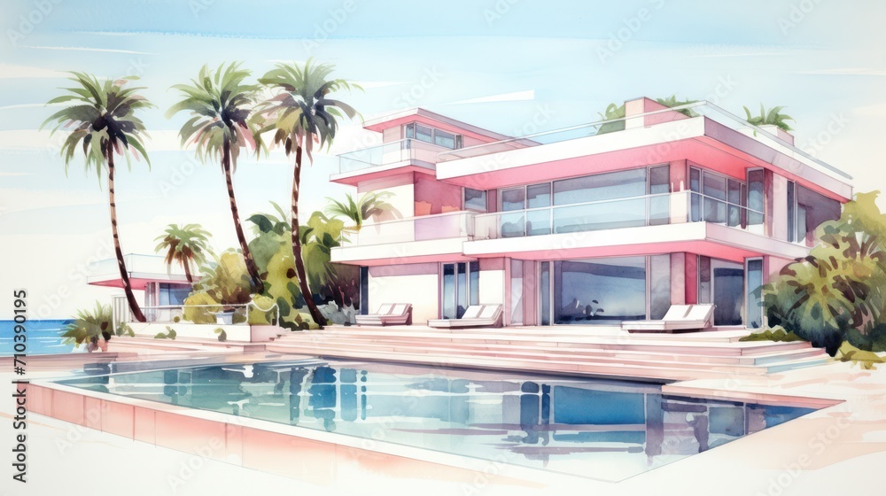 Fototapeta premium Generative AI, Miami House Summer Vibes watercolor illustration, childish style