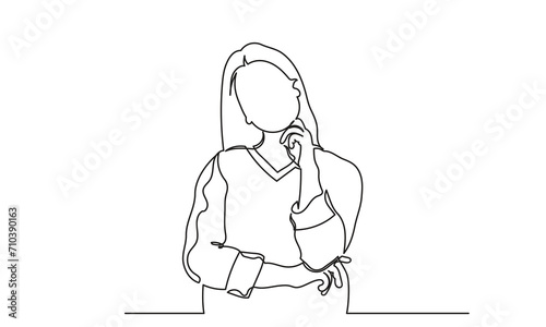 Single line drawing of a girl thinking about solving problems. Continuous line drawings of a young woman depressed and thinking.vector illustration.
