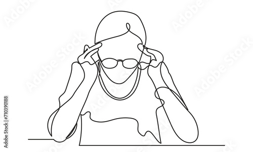 Single line drawing of a girl thinking about solving problems. Continuous line drawings of a young woman depressed and thinking.vector illustration.
