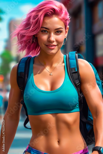 A woman with pink hair wearing a blue top and a backpack.