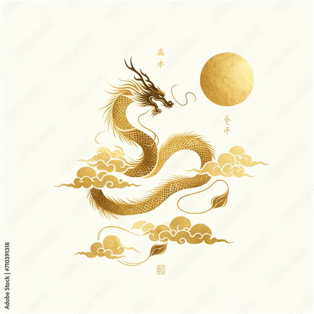 Fototapeta premium minimal watercolor illustrations of a mythical gold dragon on a cloud , designed in a traditional Chinese style 