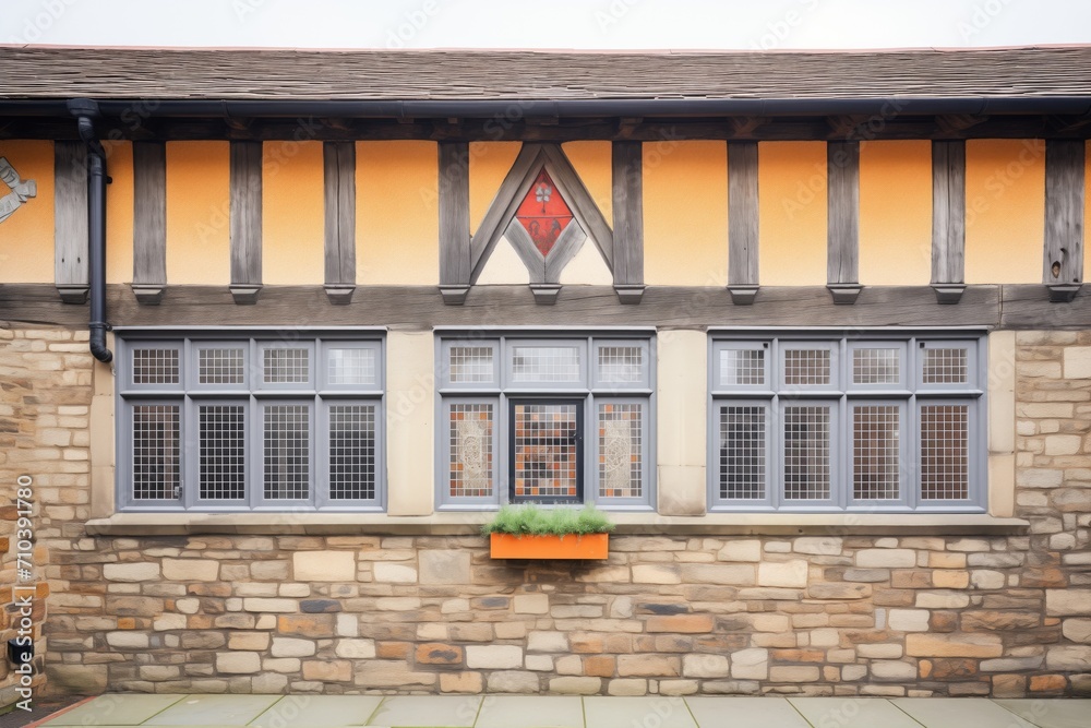 close focus on textured stonework of tudor gable wall