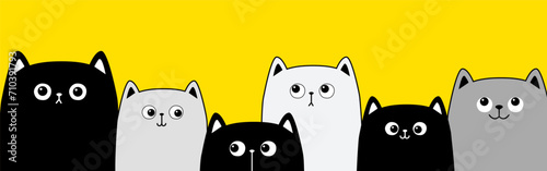 Black white gray cat face head set. Cats kittens family. Line banner. Cute cartoon funny character. Contour doodle. Pet baby collection. Love card. Sticker print. Flat design. Yellow background
