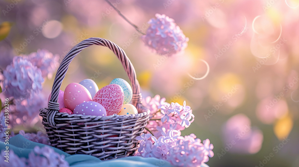 Colorful Easter eggs in a pastel basket on a bokeh background of lilac flowers under sunlight