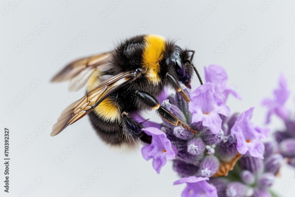 Macro shot of a bumblebee on a purple lavender flower, isolated on a white background Macro shot of a bumblebee on a purple lavender flower, isolated on a white background
