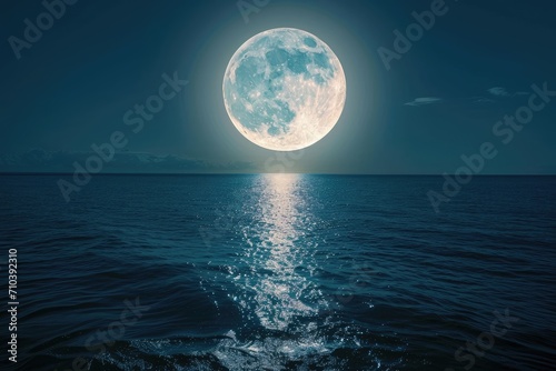 Luminous full moon over calm ocean  isolated on a night sky background