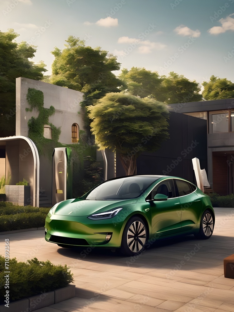 showcasing an electric car surrounded by clean, green energy sources to emphasize its eco-friendly nature.