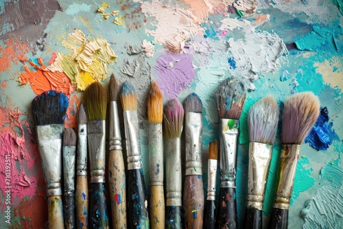Set of artist's paintbrushes, isolated on a painter's palette background