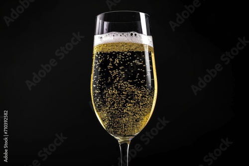 Sparkling wine glass with bubbles, isolated on a black background