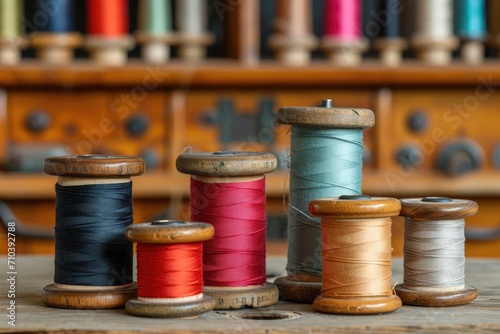 A set of vintage sewing spools, isolated on a tailor's workshop background