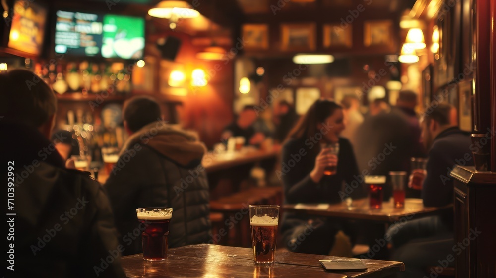 Traditional Irish Pub Interior: Lively Atmosphere with Patrons and Stout Glasses