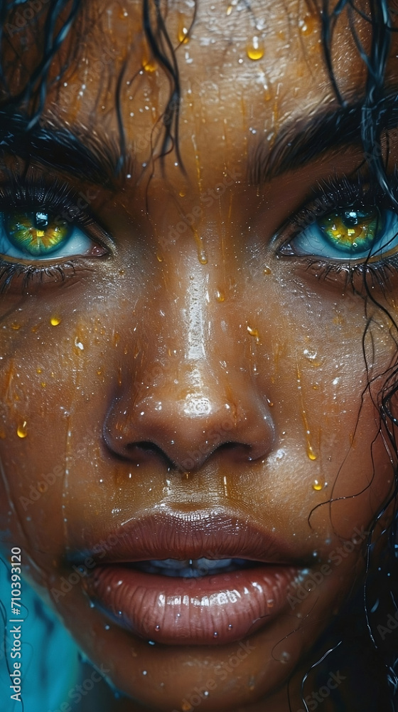 Exotic Beauty: A Woman with Indian Complexion and Striking Green Eyes, Portraying a Unique Blend of Cultural Grace and Allure.