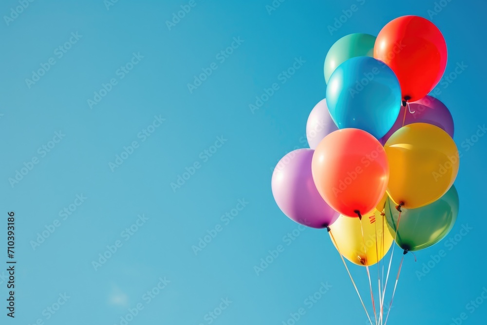 Colorful balloons floating in the sky, isolated on a blue background