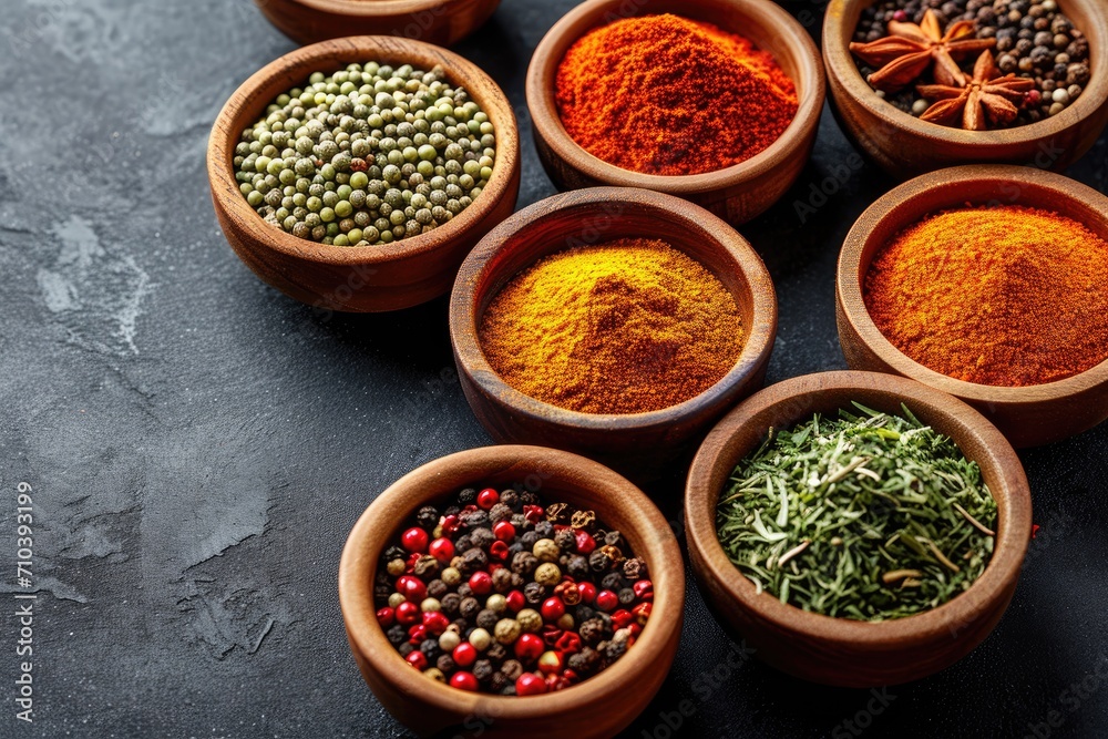 Colorful assortment of spices in small bowls, isolated on a dark slate background