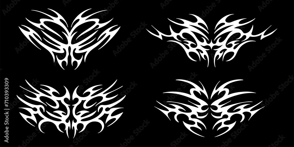 Set of elements in the neotribal style. Abstract ethnic shapes in gothic style. Cyber sigilism for streetwear, merch, t shirt. Vector illustration Set of elements in the neotribal style. Abstract ethnic shapes in gothic style. Cyber sigilism for streetwear, merch, t shirt. Vector illustration