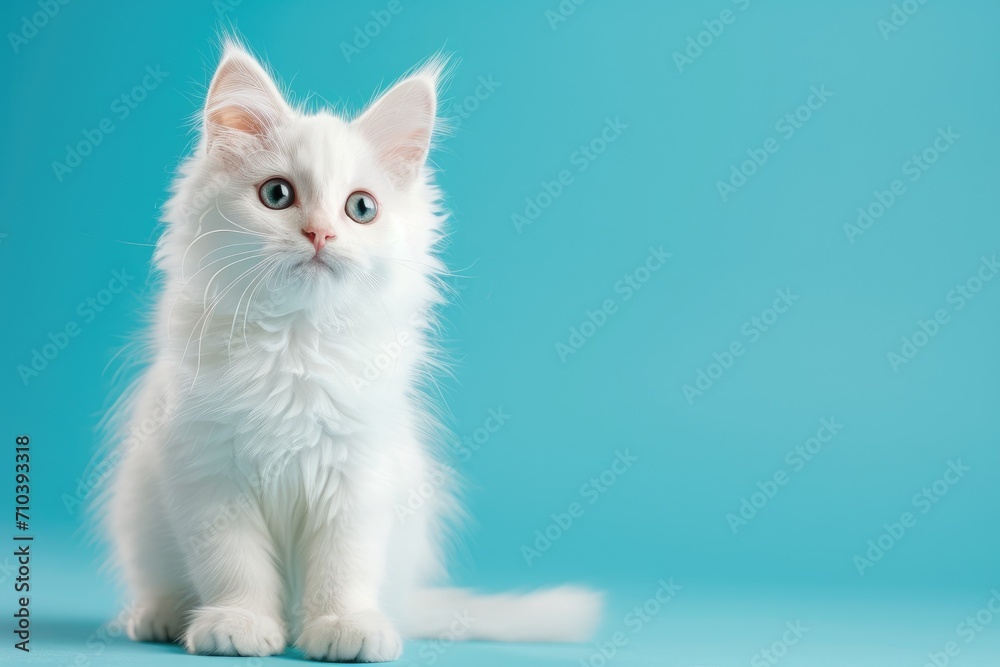 Fluffy white cat, isolated on a soft blue background Fluffy white cat, isolated on a soft blue background