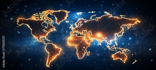 Futuristic earth in cosmic space, blue sunrise glow, global holiday with abstract world map