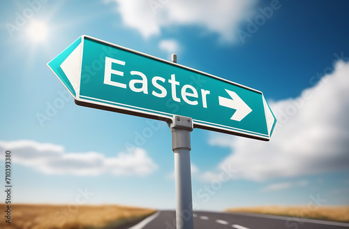 Easter road sign, street sign, Easter is coming, blue sky background 