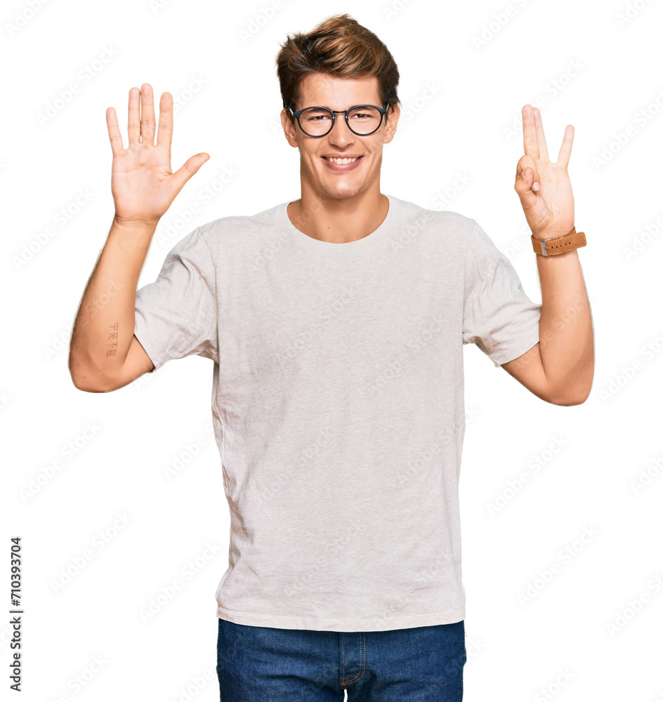Handsome caucasian man wearing casual clothes and glasses showing and pointing up with fingers number eight while smiling confident and happy.