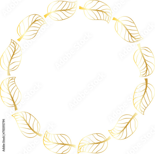 Leaf round frame gold illustration on transparent background.
