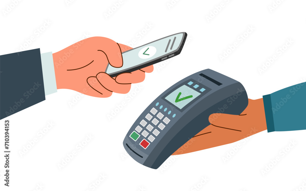 Payment terminal and hand with phone. Contactless payment concept. Online payment. Payment terminal and hand with phone. Contactless payment concept. Online payment.