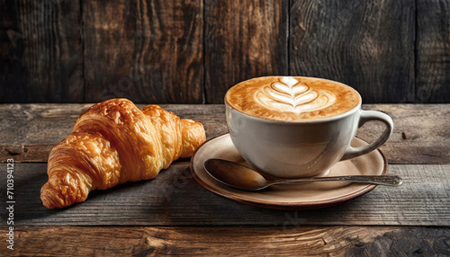 Close-up of a cappuccino cup and fresh French croissant on a wooden table with copy space. Generative Ai.