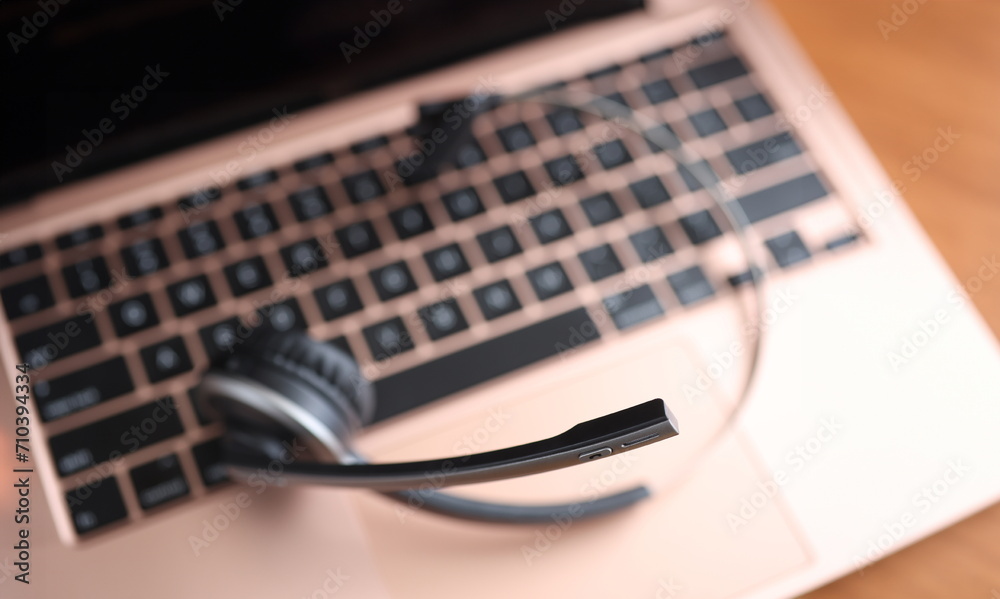 Black head set lying on laptop keyboard closeup. Hot line concept Black head set lying on laptop keyboard closeup. Hot line concept