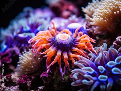 An orange and purple sea anemone in a tank. Generative AI. © Natalia