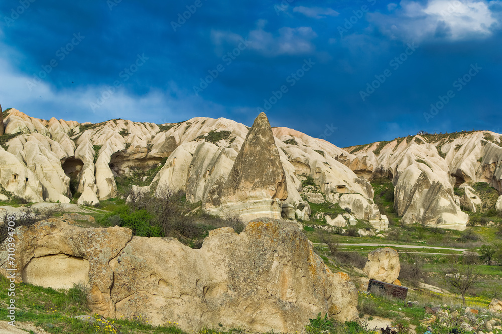 Typical Cappadocia landscape soft volcanic rock, shaped by erosion in Goreme, Turkey.