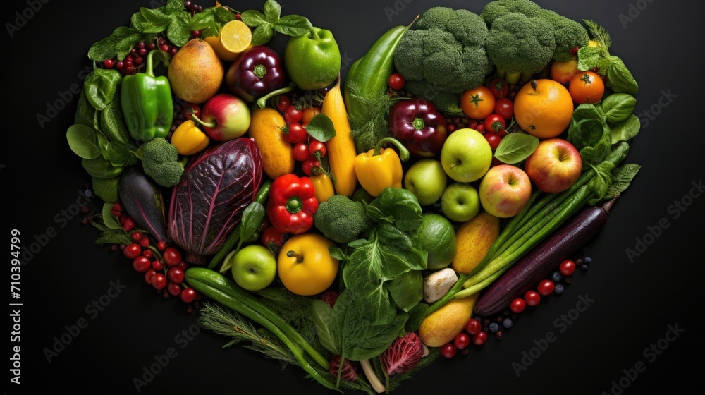 A variety of heart-shaped fruits and vegetables on a black background. Generative AI.