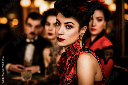 Elegant woman in 1920s style fashion with a group at a vintage party, showcasing timeless glamour and sophistication.