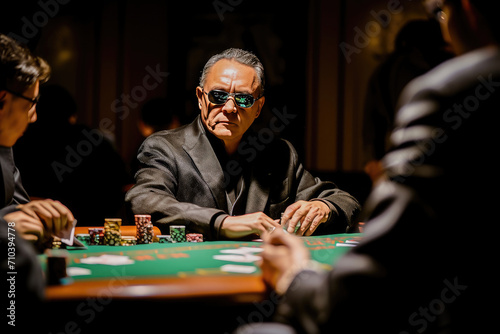 Serious poker player with sunglasses at a casino table concentrating on the game, surrounded by chips and cards. photo