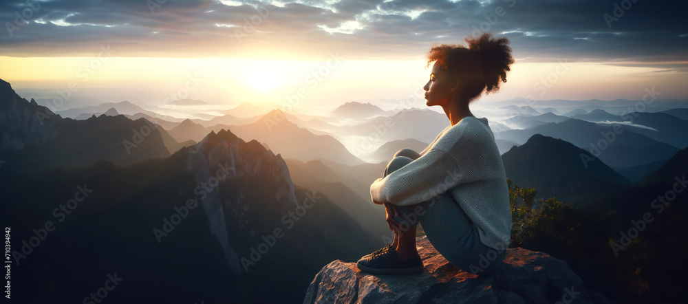 Girl sitting on top mounting and enjoying yellow sunrise. Hiking woman relaxing on the cliff looking at a beautiful sunlit landscape. Green valley in sunlight