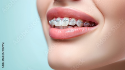 歯の矯正器具を装着した女性 