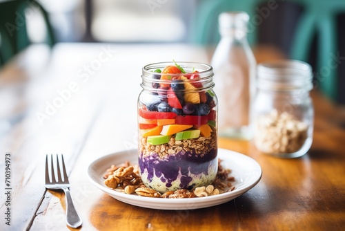 acai bowl in a glass jar, layered with fruits and nuts photo