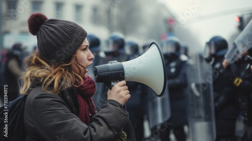 盾を持った警察にスピーカーで抗議する女性 