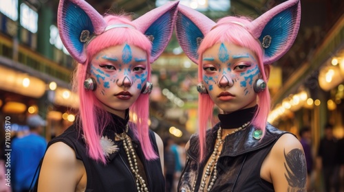Two women with pink hair and cat ears. Generative AI.