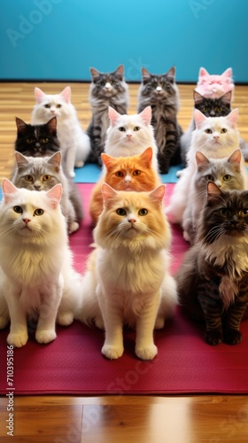 A group of cats sitting on a yoga mat. Generative AI.