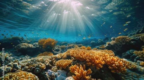 Underwater Shot of a Sustainable Coral Farm, showcasing vibrant marine life in the glimmer of morning rays © Татьяна Креминская