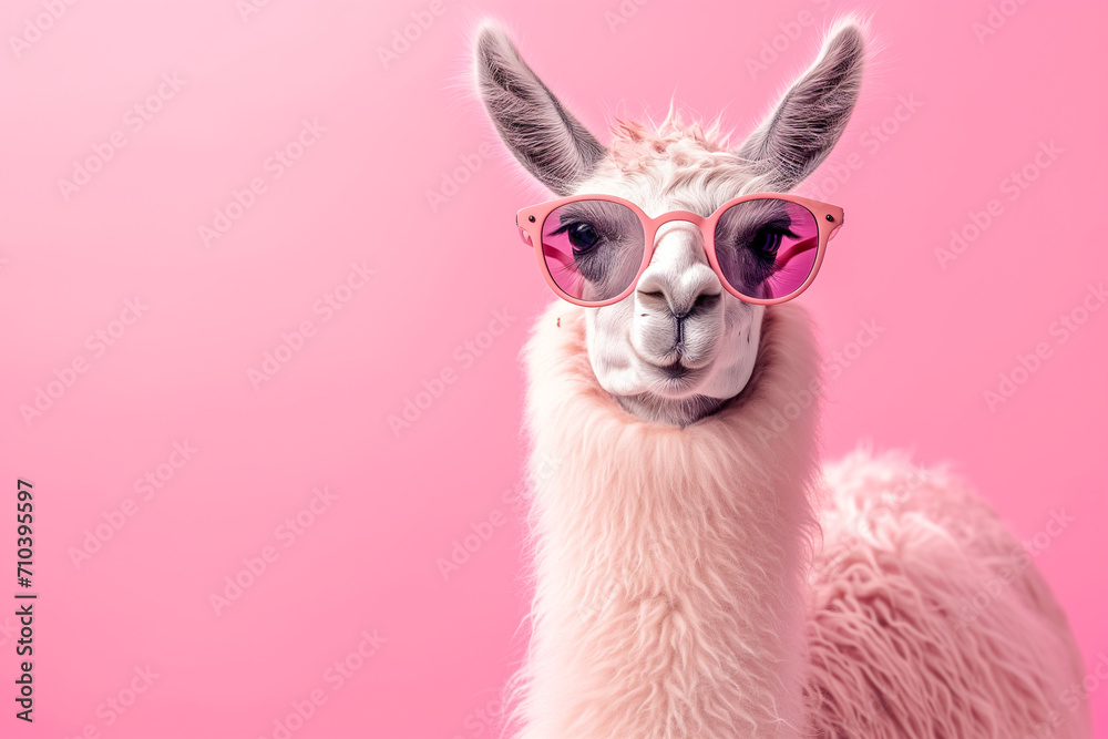 Obraz premium Cute lama alpaca wearing winter knitted hat and transparent goggles, isolated on the pink background with copy space. A llama sporting some cool shades and set against a solid pastel backdrop