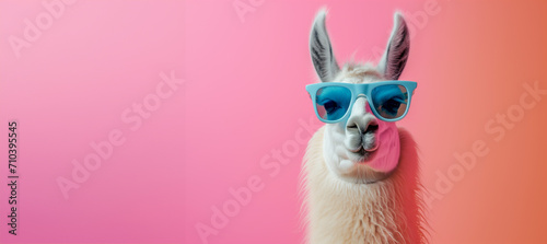 Cute lama alpaca wearing winter knitted hat and transparent goggles, isolated on the pink background with copy space. A llama sporting some cool shades and set against a solid pastel backdrop photo