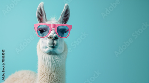 Cute lama alpaca wearing winter knitted hat and transparent goggles, isolated on the pink background with copy space. A llama sporting some cool shades and set against a solid pastel backdrop