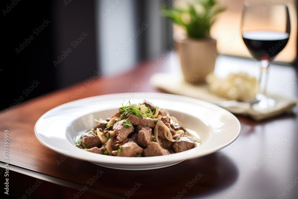 beef stroganoff ready for serving, with a glass of red wine beside it beef stroganoff ready for serving, with a glass of red wine beside it