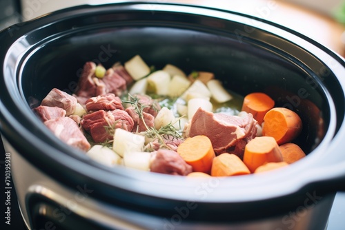 slow cooker filled with beef bourguignon ingredients photo