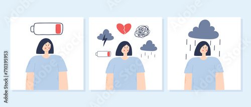 Set of concepts Woman in depression. Vector illustration. Drawn Woman in stress, depression, with apathy and confused thoughts.