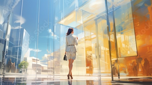 Confident businesswoman in modern workspace: professional elegance against abstract background - photorealistic illustration
