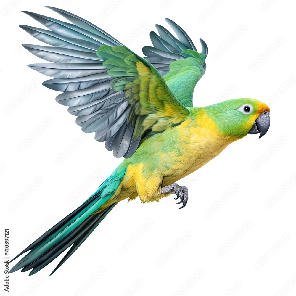 Gracefully flying parrot isolated on transparent background